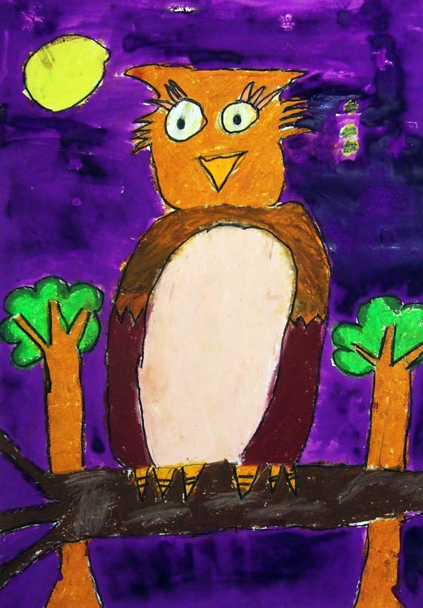 Artary Children Art Painting Owl on a Starry Night Week 3 Year 2012