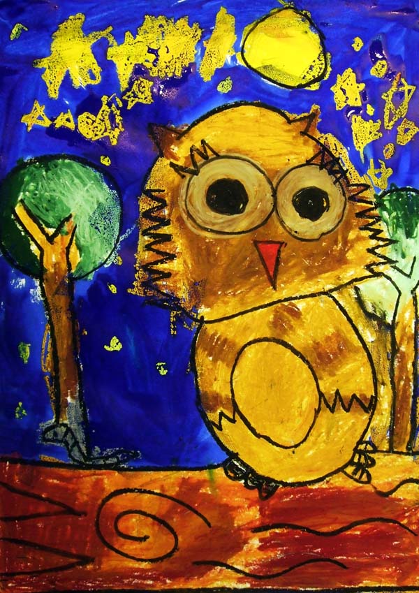 Artary Children Art Painting Owl on a Starry Night Week 3 Year 2012
