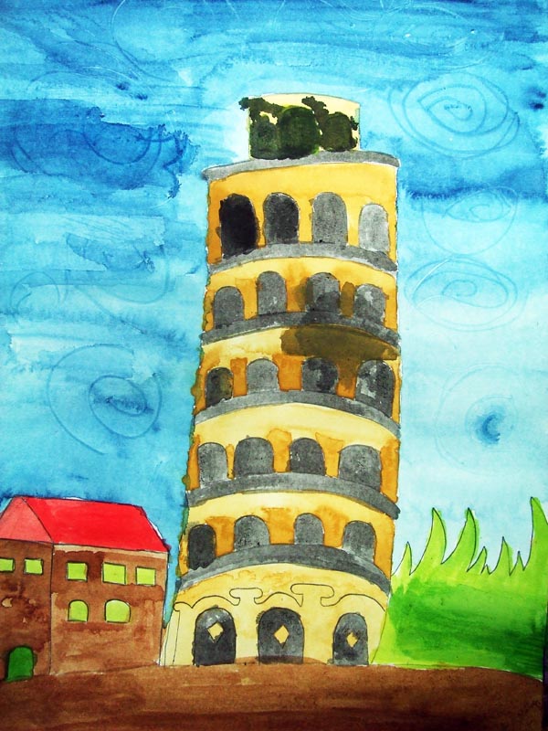 Artary Children Art Painting Leaning Tower of Pisa - Watercolour Week 3 Year 2012